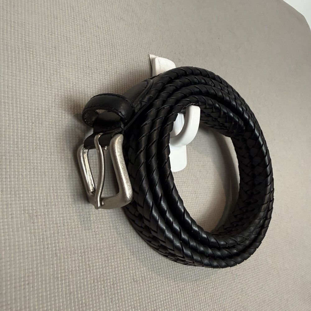 Leather Belt Size 48 Men’s Braided Black Silver Buckle 100% Leather Classic